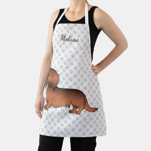 Red Sable Long Hair Dachshund Cartoon Dog & Name Apron (Insitu)