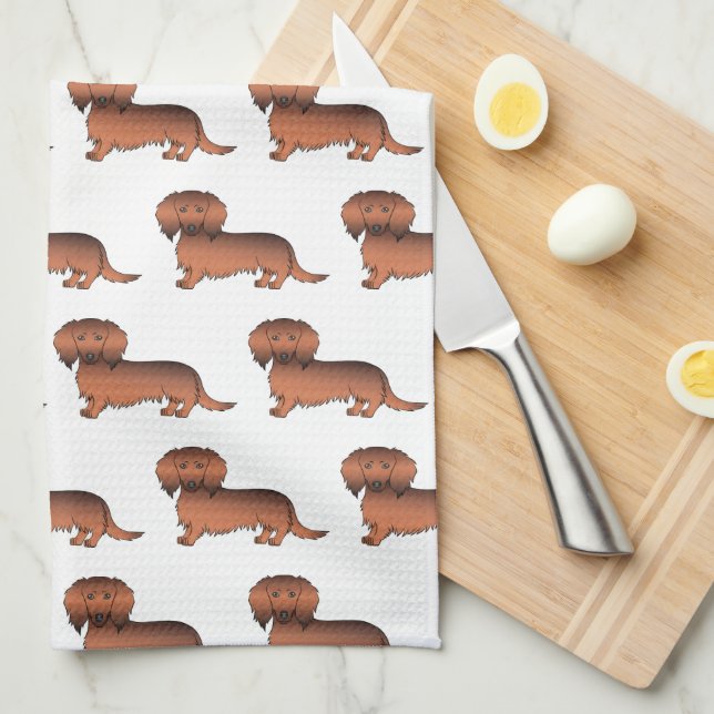 Red Sable Long Hair Dachshund Cartoon Dog Pattern Tea Towel (Quarter Fold)