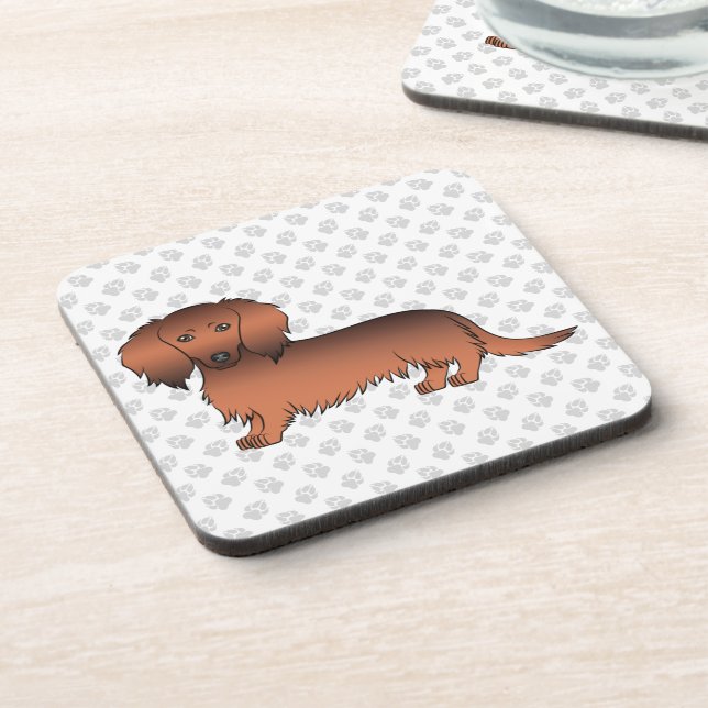Red Sable Long Hair Dachshund Cartoon Dog & Paws Coaster (Left Side)