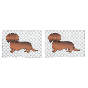 Red Sable Long Hair Dachshund Cartoon Dog & Paws Pillowcase