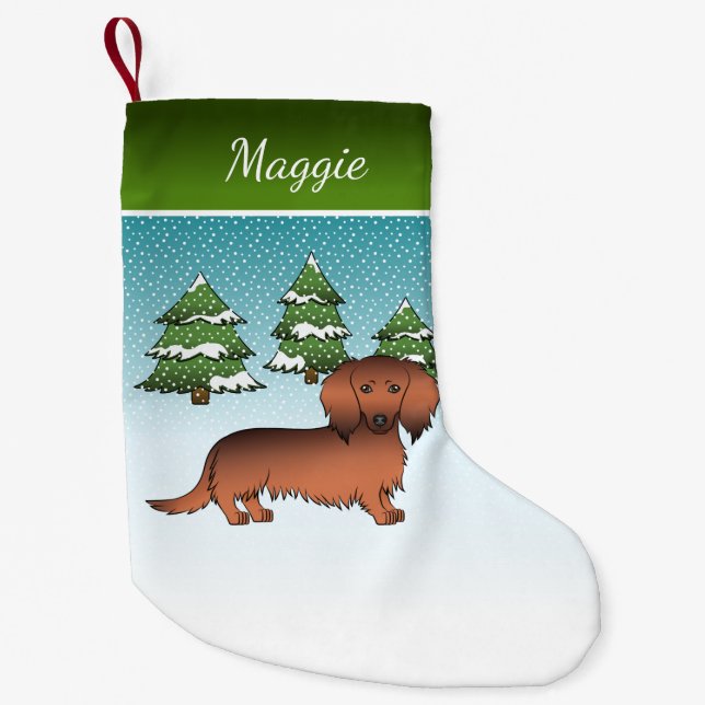 Red Sable Long Hair Dachshund Dog - Winter Forest Small Christmas Stocking (Front)