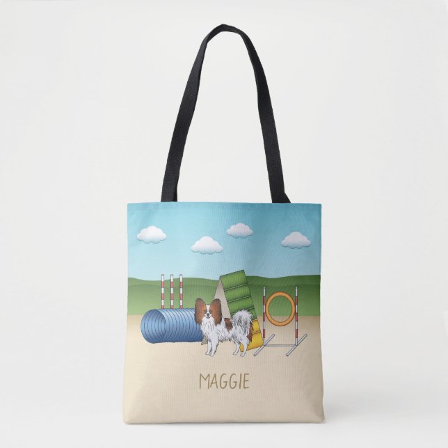 Red Sable Papillon Agility Dog With Custom Name Tote Bag (Front)