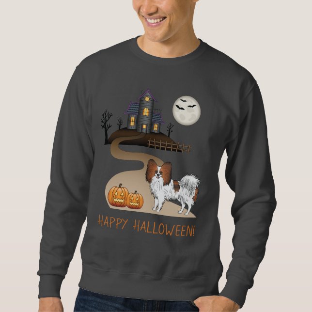 Red Sable Papillon And Halloween Haunted House Sweatshirt (Front)