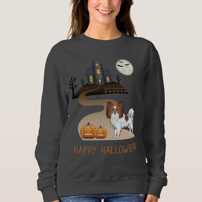 Red Sable Papillon And Halloween Haunted House Sweatshirt (Front)