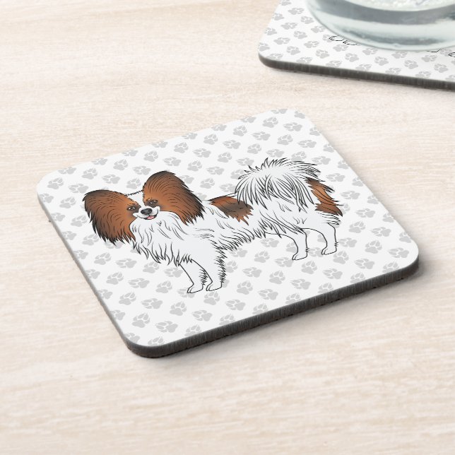 Red Sable Papillon Cartoon Dog On Grey Paw Pattern Coaster (Left Side)