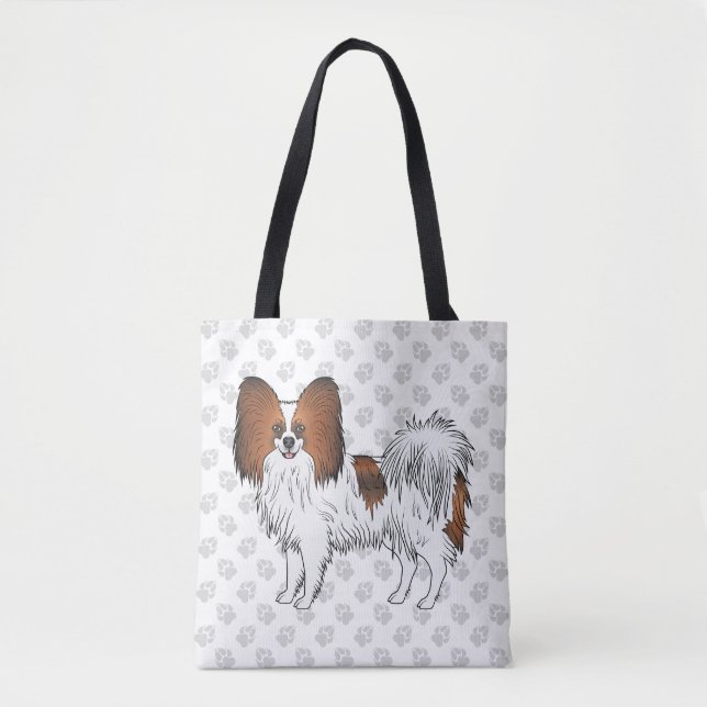 Red Sable Papillon Cartoon Dog With Paw Pattern Tote Bag (Front)