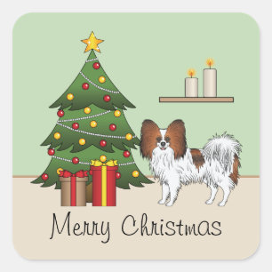 Red Sable Papillon Cute Dog By A Christmas Tree Square Sticker