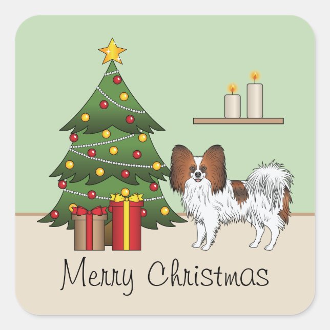 Red Sable Papillon Cute Dog By A Christmas Tree Square Sticker (Front)