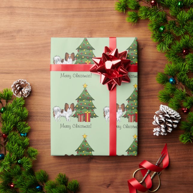 Red Sable Papillon Cute Dog By A Christmas Tree Wrapping Paper (Holiday Gift)