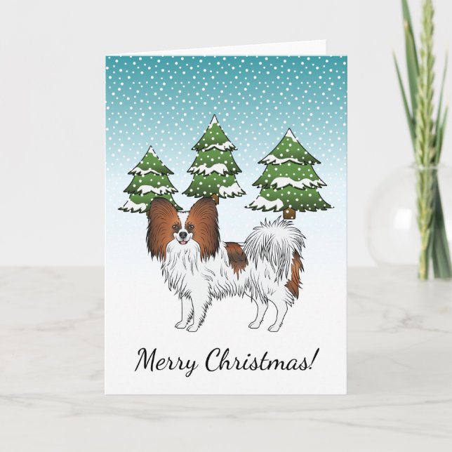 Red Sable Papillon Cute Dog In A Winter Forest Card (Front)