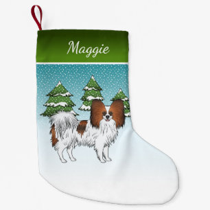 Red Sable Papillon Cute Happy Dog In Winter Forest Small Christmas Stocking