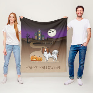 Red Sable Papillon Dog And Halloween Haunted House Fleece Blanket