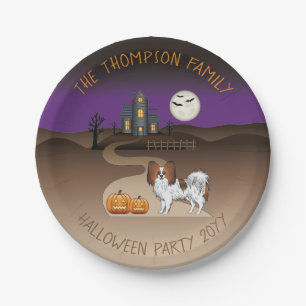 Red Sable Papillon Dog And Halloween Haunted House Paper Plate
