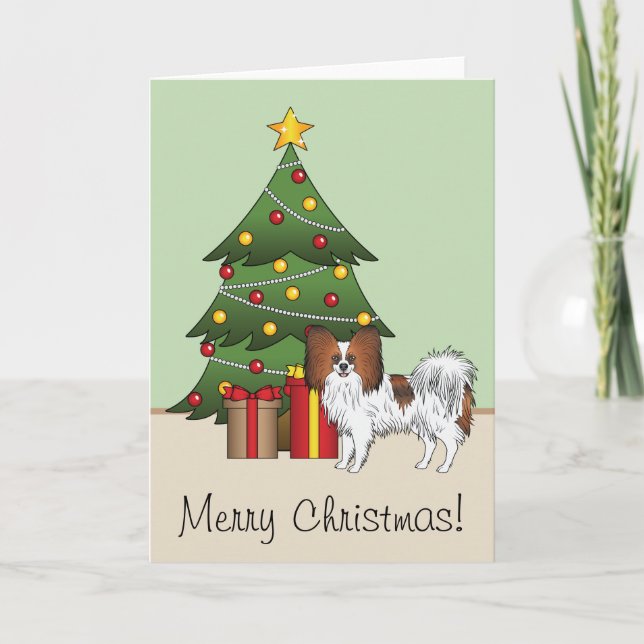 Red Sable Papillon Happy Dog By A Christmas Tree Card (Front)