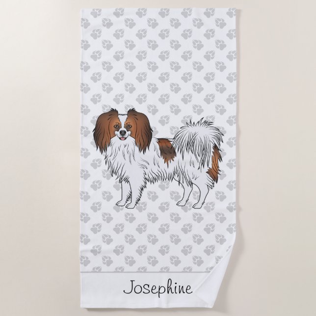 Red Sable Phalène Dog Design With Custom Name Beach Towel (Front)