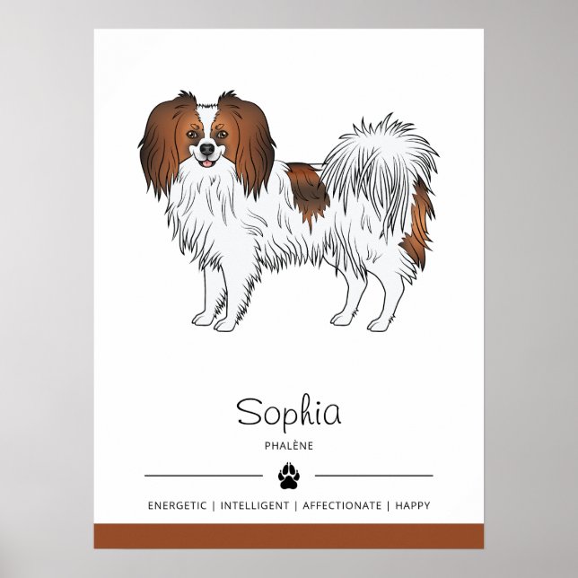 Red Sable Phalène With Breed Traits And Dog's Name Poster (Front)