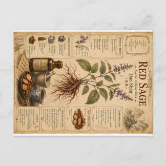 Red Sage Botanical Illustration with Traditional A Holiday Postcard