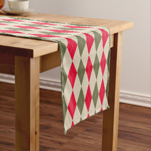 Red sage green retro argyle Christmas holiday Short Table Runner