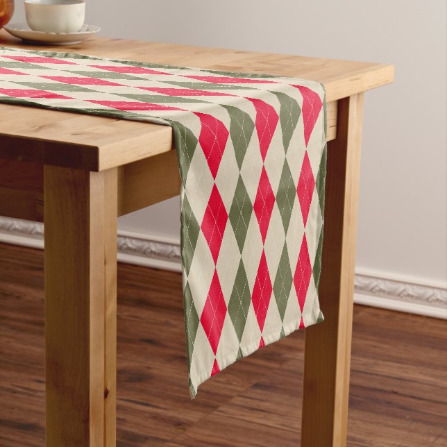 Red sage green retro argyle Christmas holiday Short Table Runner (In Situ)