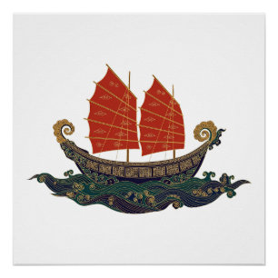 Red Sail Junk Boat Chinese Treasure Ship Poster