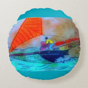 red sail schooner round throw pillow