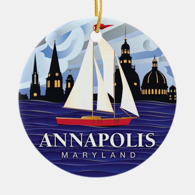 Red Sailboat Annapolis MD Coastal Ceramic Tree Decoration (Front)