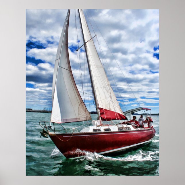 Red Sailboat, Blue Sky, Green Sea Poster (Front)
