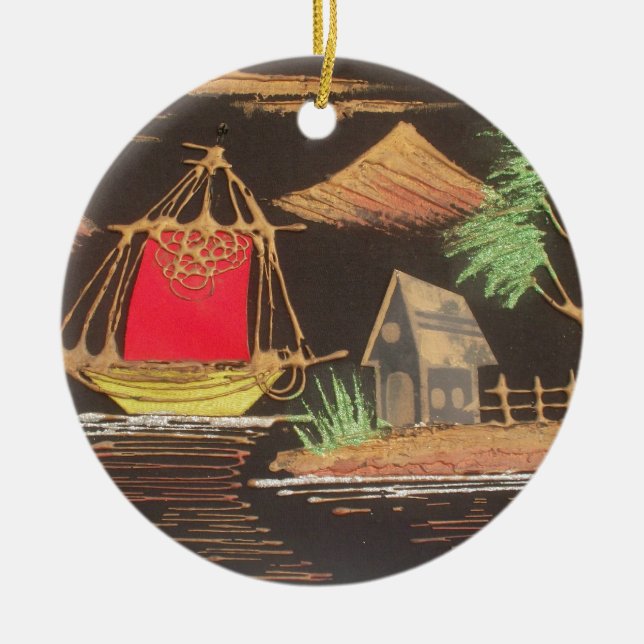 Red Sailboat Landscape Oil Painting Art Print Ceramic Tree Decoration (Front)