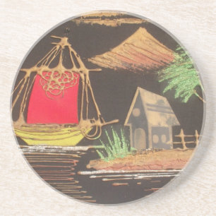 Red Sailboat Landscape Oil Painting Art Print Coaster