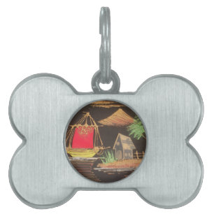 Red Sailboat Landscape Oil Painting Art Print Pet Name Tag