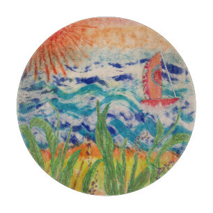 Red Sailboat Red Sun  Cutting Board
