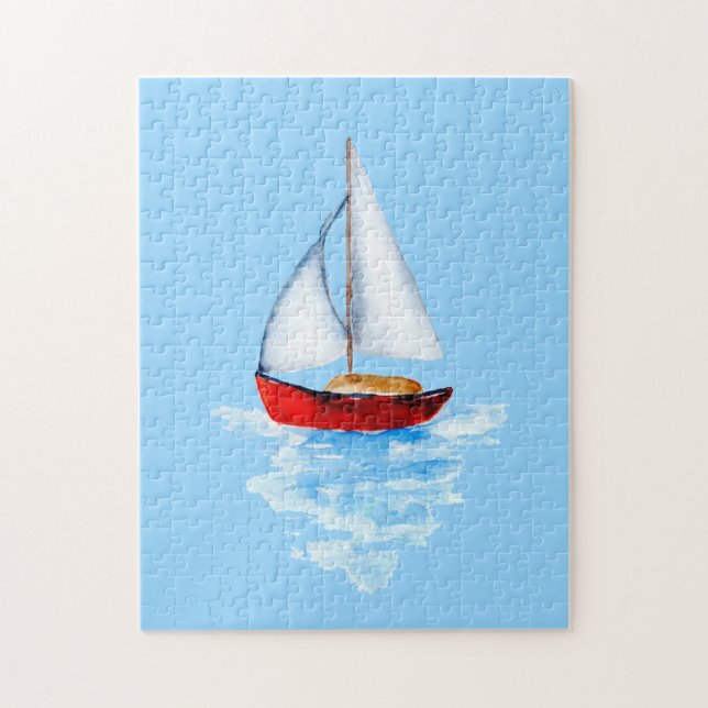 Red sailboat sea modern ocean watercolor jigsaw puzzle (Vertical)