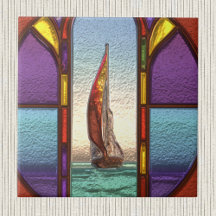 Red Sailboat Through a Faux Stained Glass Window