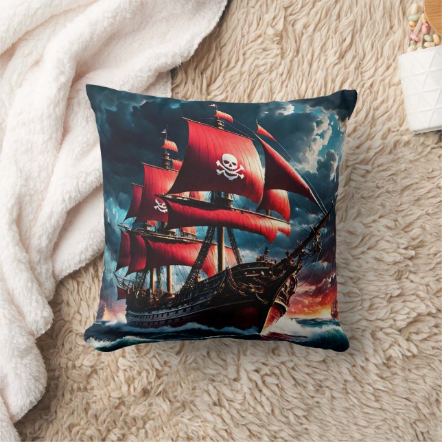 Red-Sailed Pirate Ship Navigating Stormy Seas Cushion (Blanket)