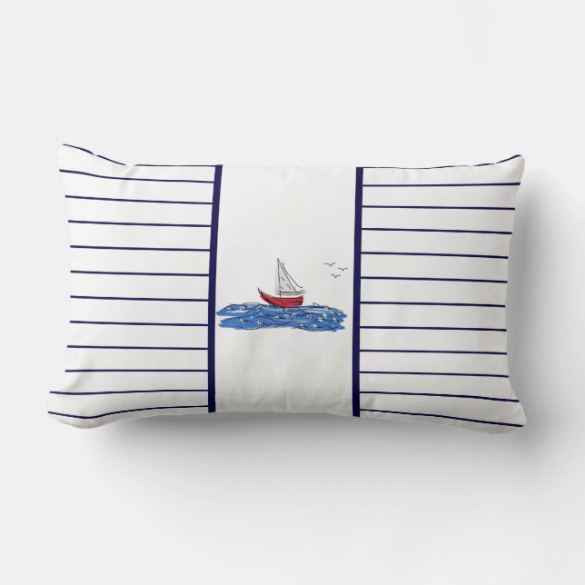 Red Sailing Boat Waves Seagulls Nautical Cushion (Front)