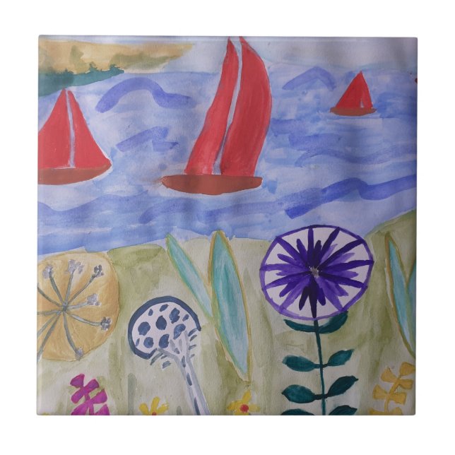 Red Sails & Flowers Ceramic Tile (Front)
