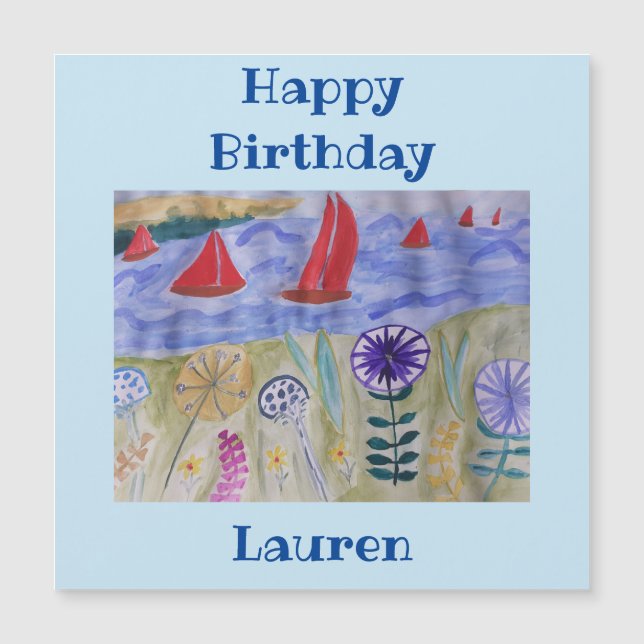 Red Sails & Flowers Magnetic Birthday Card (Front)