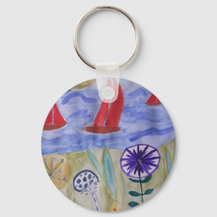 Red Sails & Flowers Round Key Ring