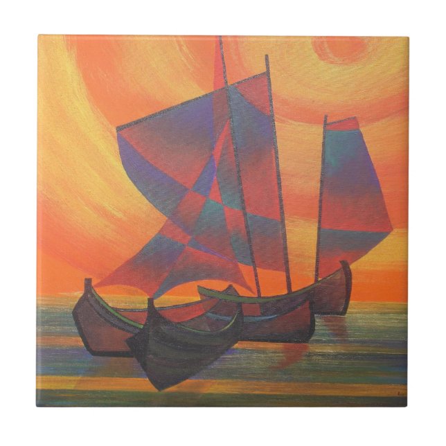 Red Sails in the Sunset Cubist Junk Abstract Tile (Front)