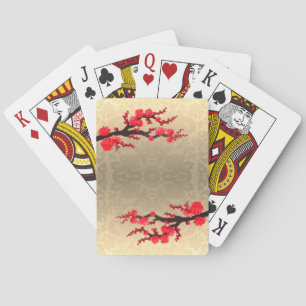 Red Sakura Blossoms Satin Damask Playing Cards