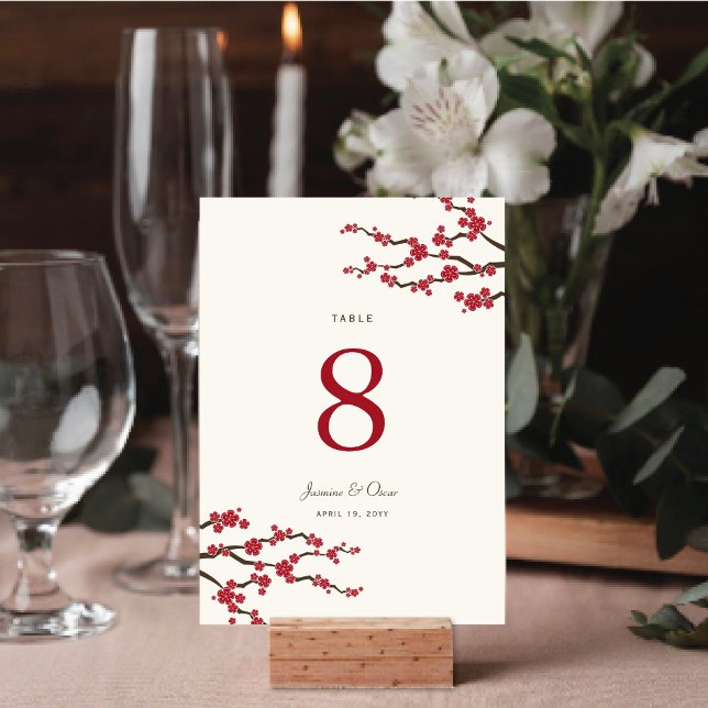 Red Sakura Cherry Blossoms Elegant Asian Wedding Table Number (Red/Ivory Sakura Cherry Blossoms Elegant Asian Wedding Table Number Card @ fat_fa_tin)