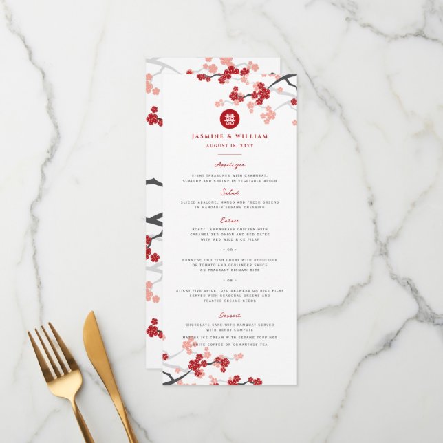 Red Sakura Double Happiness Chinese Wedding Menu (Front/Back In Situ)