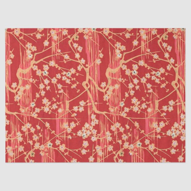 RED SAKURA FLOWERS Antique Japanese Floral Pattern Tissue Paper (Front)