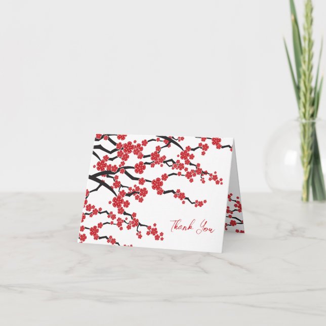 Red Sakura Flowers Cherry Blossoms Asian Wedding Thank You Card (Front)