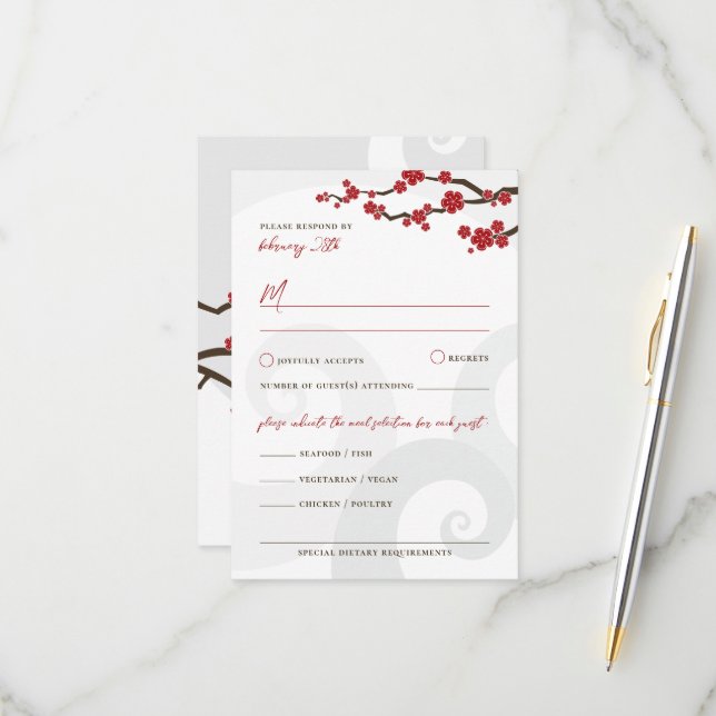 Red Sakura Flowers Cherry Blossoms Swirls Wedding RSVP Card (Front/Back In Situ)