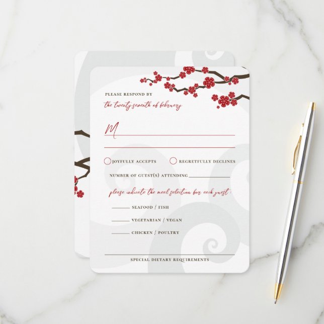 Red Sakura Flowers Cherry Blossoms Swirls Wedding RSVP Card (Front/Back In Situ)