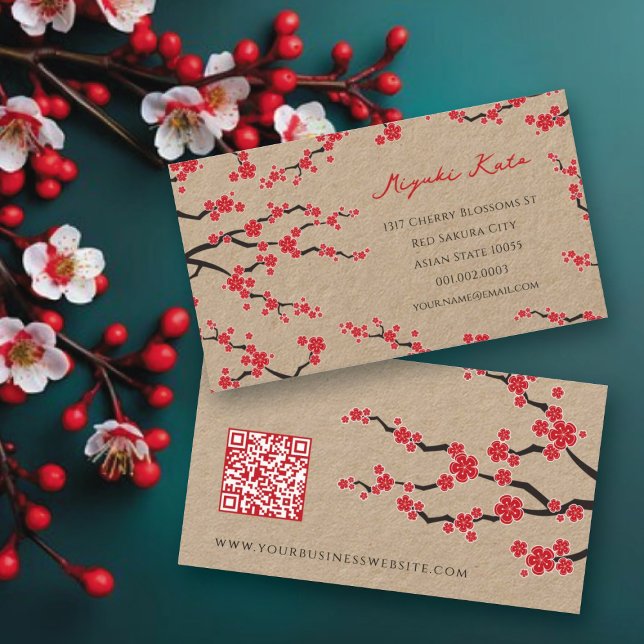 Red Sakura Flowers Oriental Cherry Blossoms Asian Business Card (Red Sakura Flowers Oriental Cherry Blossoms Asian Business Card @ fat_fa_tin)