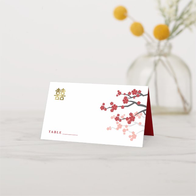 Red Sakura Golden Double Happiness Chinese Wedding Place Card (Front)