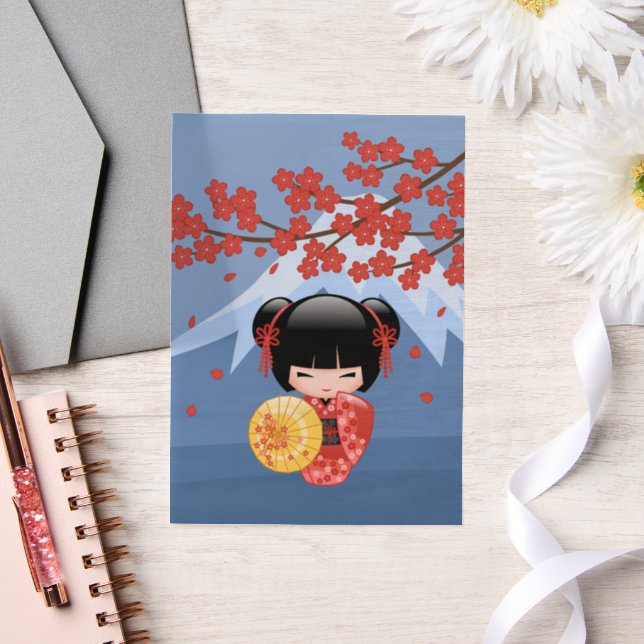 Red Sakura Kokeshi Cute Geisha Girl Blue Insert Vellum Invitations (Wedding)