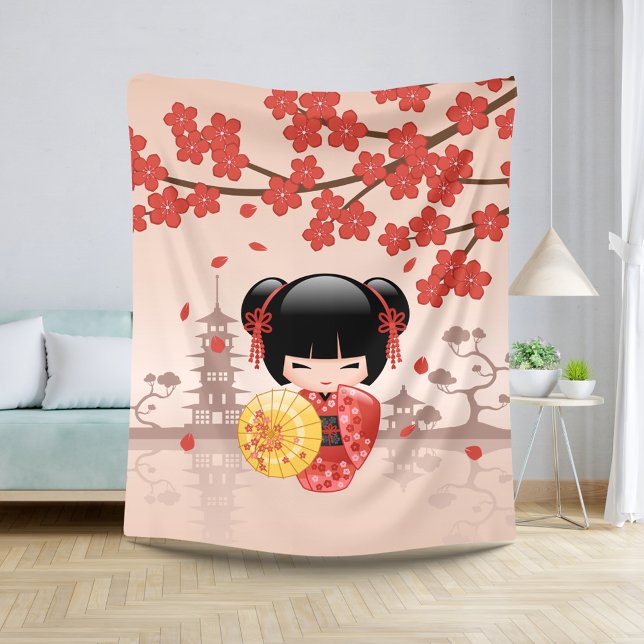 Red Sakura Kokeshi Doll Cute Geisha Girl Beige Sherpa Blanket (Creator Uploaded)